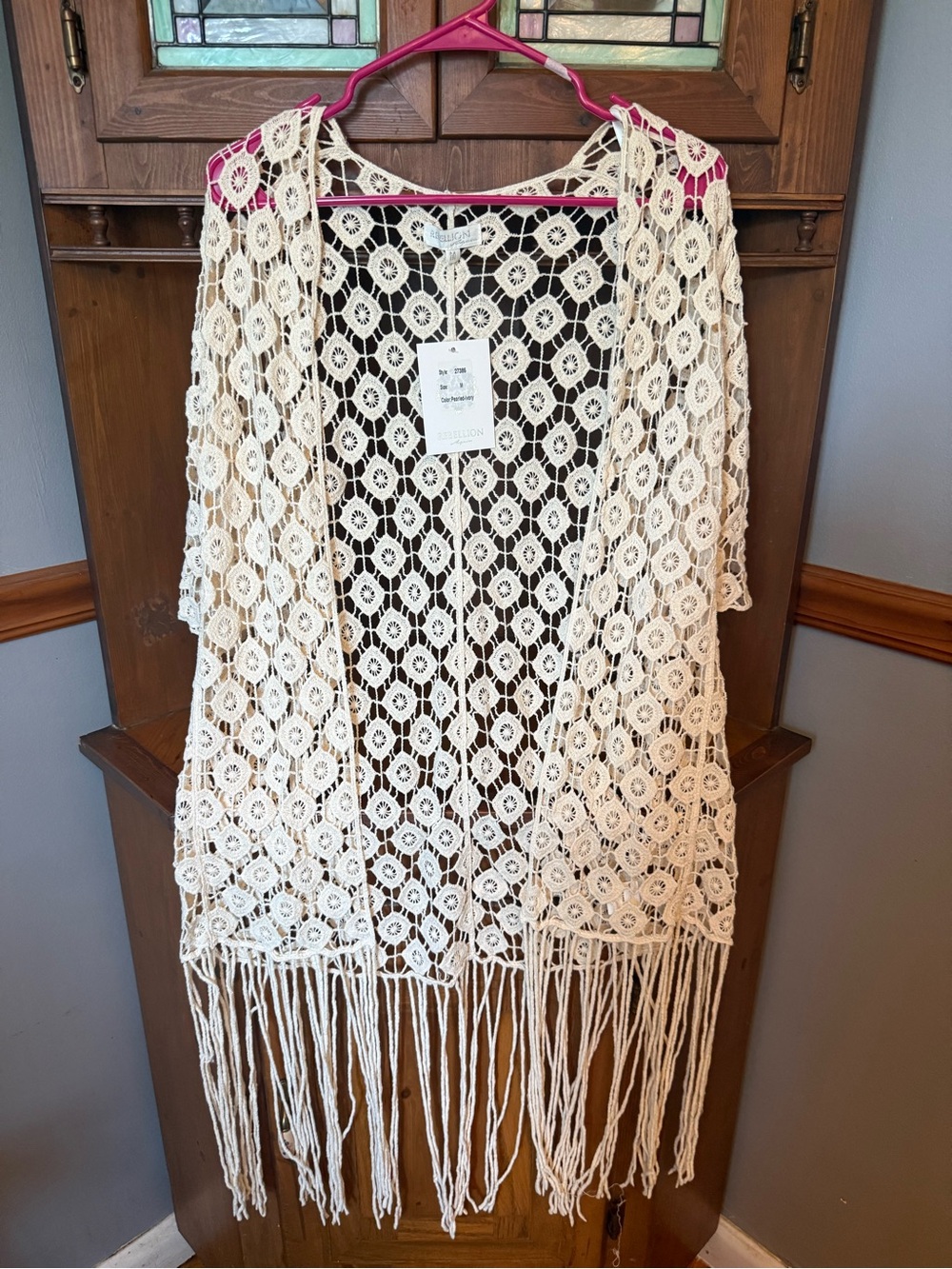 NWT Rebellion Again Cream Crochet Fringe Kimono Cardigan - Size M